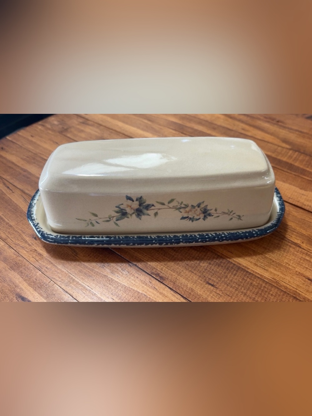 Floral Ceramic Butter Dish - Cream with Blue Trim